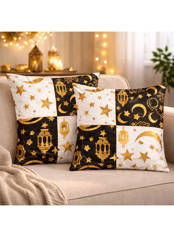 طقم 2 كيس خدادية رمضانية أسود × أبيض × ذهبي – مقاس 40 × 40 سم – وسادات انتريه – قطن وكتان - Image 1